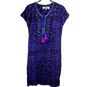 Bella Tu Blue Purple Boho Dress Sequins Beading Short Sleeves Womens Size XS